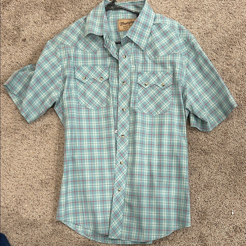 Wrangler Retro Western Men's Teal and White Plaid Button Down Shirt